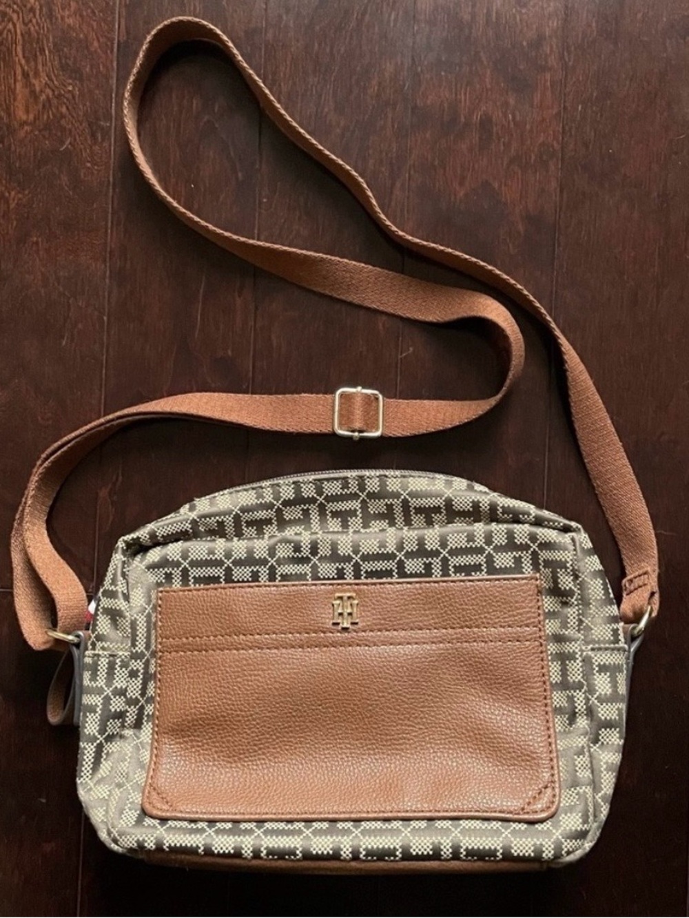 Tommy Hilfiger Brown and Beige Monogram Crossbody Bag